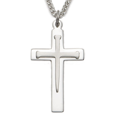 Sterling Silver Rhodium Finish Cross Necklace, Nail Design, Inner Cross, 24" Chain